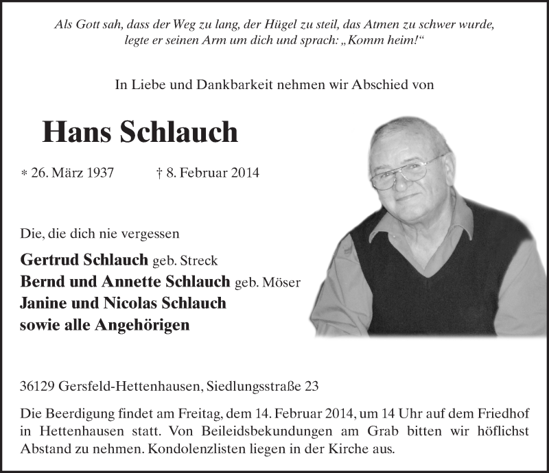  Traueranzeige für Hans Schlauch vom 12.02.2014 aus 