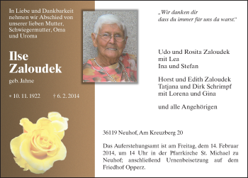 Traueranzeige von Ilse Zaloudek 