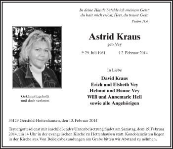 Traueranzeige von Astrid Kraus 