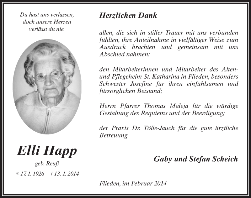  Traueranzeige für Elli Happ vom 15.02.2014 aus 