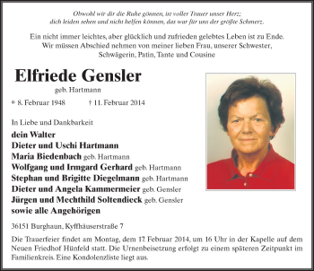 Traueranzeige von Elfriede Gensler 
