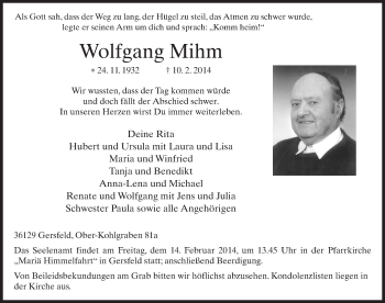 Traueranzeige von Wolfgang Mihm 