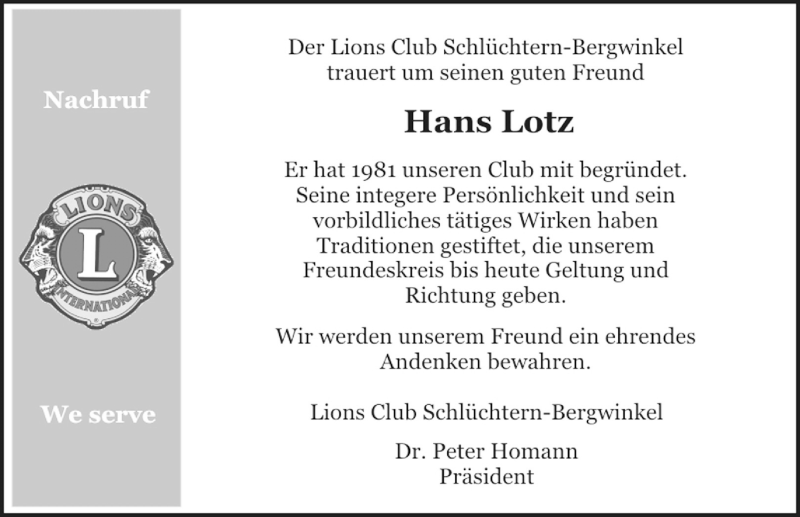  Traueranzeige für Hans Lotz vom 13.02.2014 aus 
