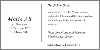 Traueranzeige von Maria Alt 