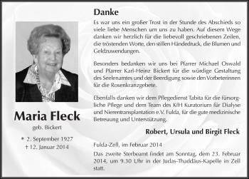 Traueranzeige von Maria Fleck 