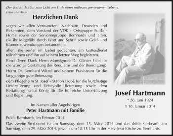 Traueranzeige von Josef Hartmann 