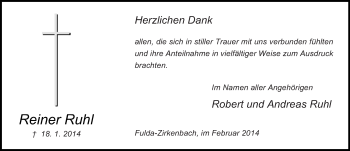 Traueranzeige von Reiner Ruhl 