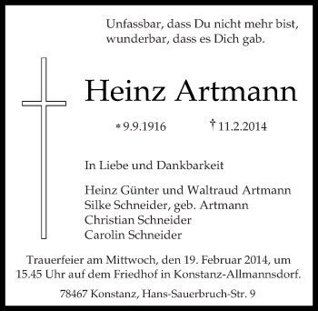 Traueranzeige von Heinz Artmann 