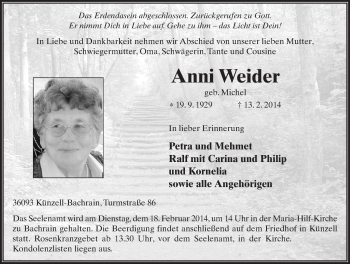 Traueranzeige von Anni Weider 
