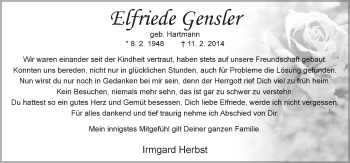 Traueranzeige von Elfriede Gensler 