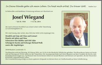 Traueranzeige von Josef Wiegand 