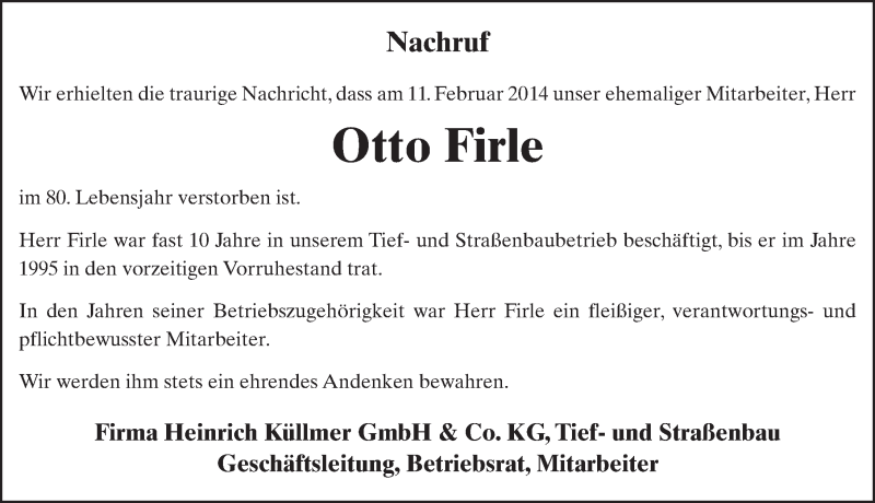  Traueranzeige für Otto Firle vom 17.02.2014 aus 