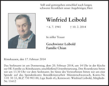 Traueranzeige von Winfried Leibold 