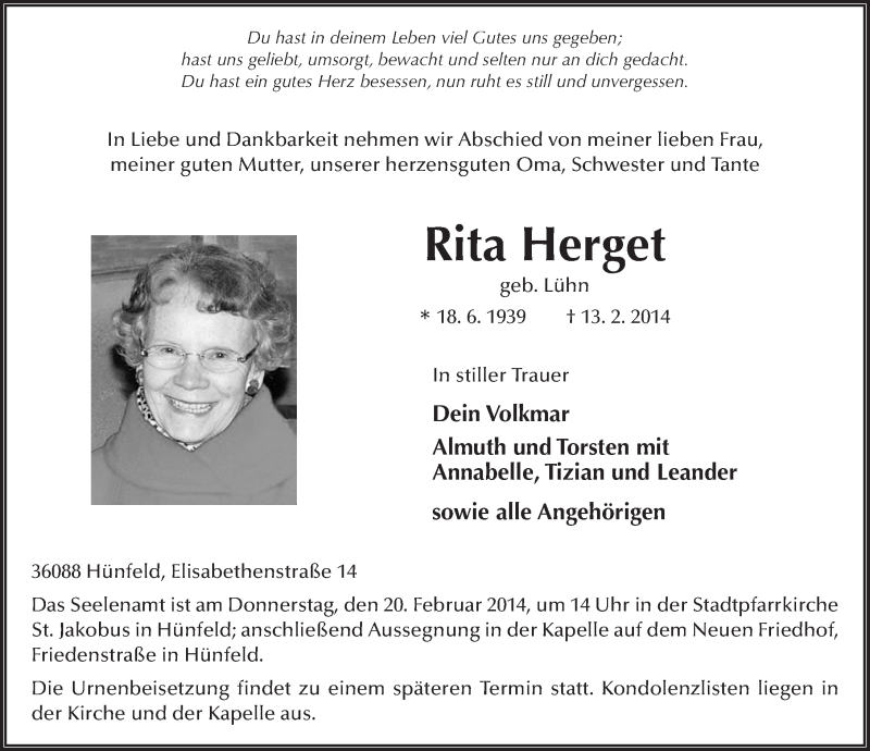  Traueranzeige für Rita Herget vom 17.02.2014 aus 