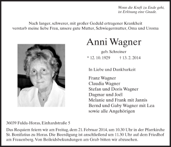 Traueranzeige von Anni Wagner 