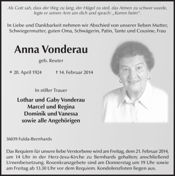 Traueranzeige von Anna Vonderau 