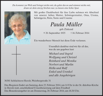 Traueranzeige von Paula Müller 
