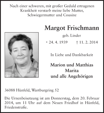Traueranzeige von Margot Frischmann 