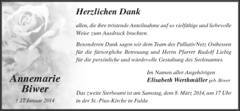 Traueranzeige von Annemarie Biwer 