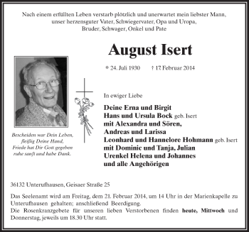 Traueranzeige von August Isert 