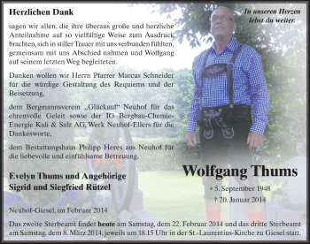 Traueranzeige von Wolfgang Thums 