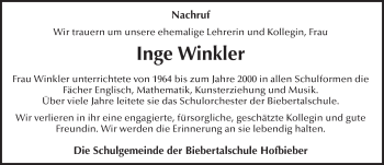 Traueranzeige von Inge Winkler 