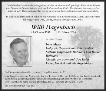 Traueranzeige von Willi Hagenbach 
