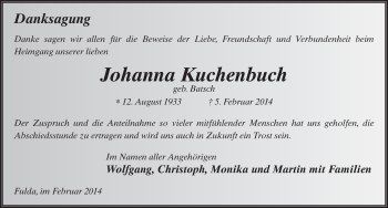 Traueranzeige von Johanna Kuchenbuch 