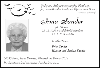 Traueranzeige von Irma Sander 