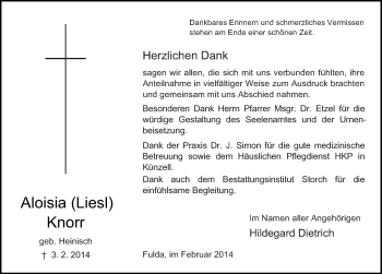 Traueranzeige von Aloisia Knorr 