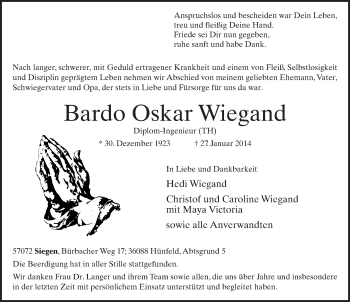 Traueranzeige von Bardo Oskar Wiegand 