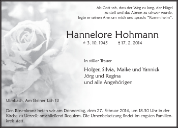 Traueranzeige von Hannelore Hohmann 
