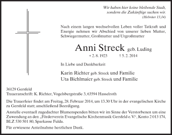 Traueranzeige von Anni Streck 