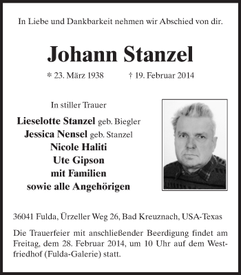 Traueranzeige von Johann Stanzel 