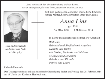 Traueranzeige von Anna Lins 
