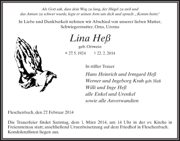 Traueranzeige von Lina Heß 