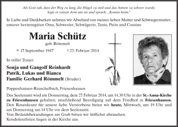 Traueranzeige von Maria Schütz 