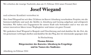 Traueranzeige von Josef Wiegand 