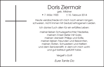 Traueranzeige von Doris Ziermair 