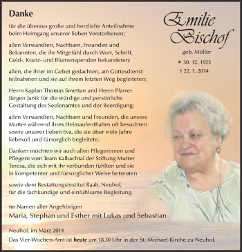 Traueranzeige von Emilie Bischof 