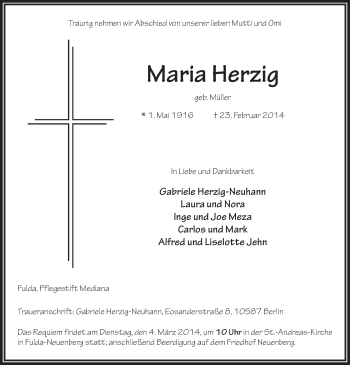 Traueranzeige von Maria Herzig 