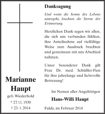 Traueranzeige von Marianne Haupt 