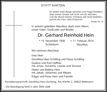 Traueranzeige von Gerhard Reinhold Hein 