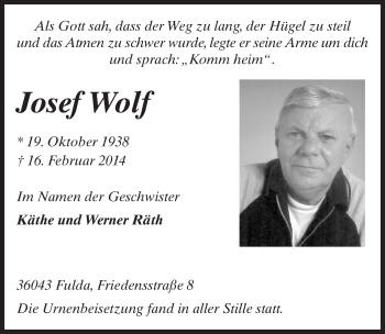 Traueranzeige von Josef Wolf 