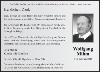 Traueranzeige von Wolfgang Mihm 