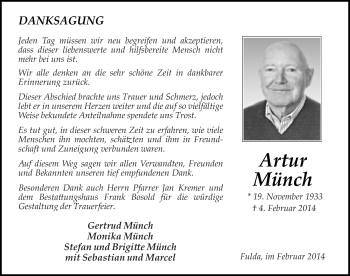 Traueranzeige von Artur Münch 