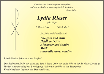 Traueranzeige von Lydia Rieser 
