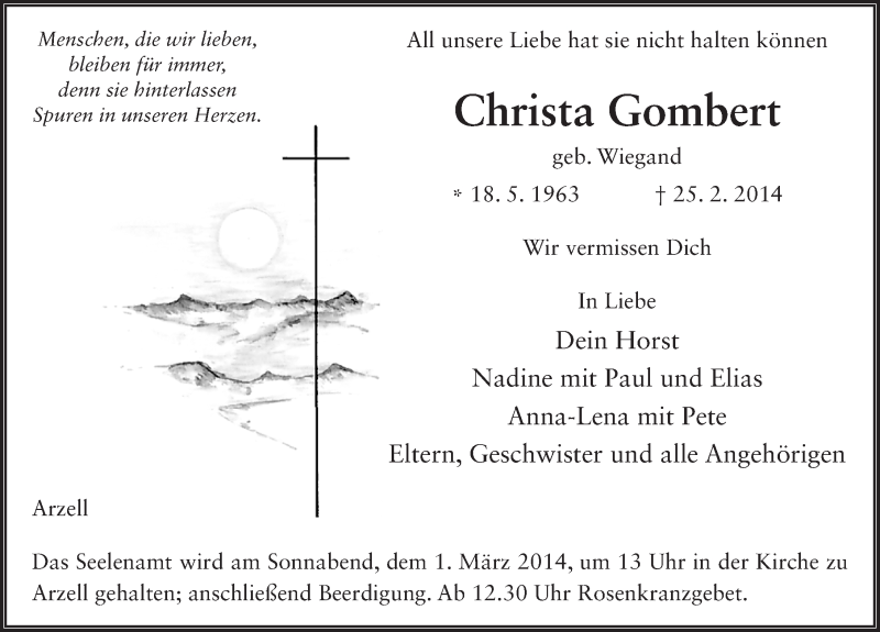  Traueranzeige für Christa Gombert vom 28.02.2014 aus 