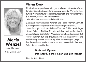 Traueranzeige von Maria Wenzel 