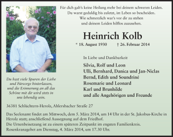 Traueranzeige von Heinrich Kolb 